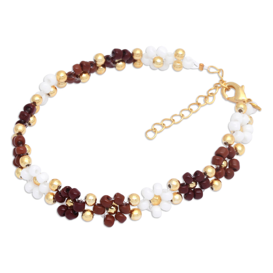 Floral Gold-Plated White and Brown Crystal Beaded Bracelet - Bohemian Prime