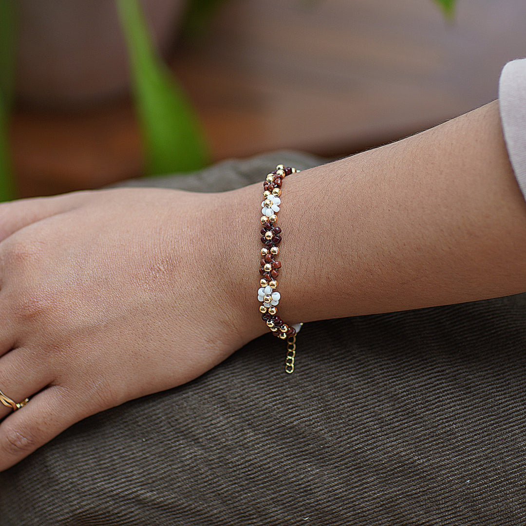 Floral Gold-Plated White and Brown Crystal Beaded Bracelet - Bohemian Prime