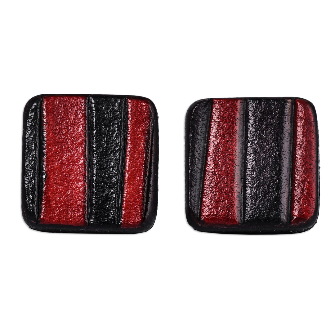 Minimalist Striped Black and Crimson Leather Button Earrings - Square Crimson