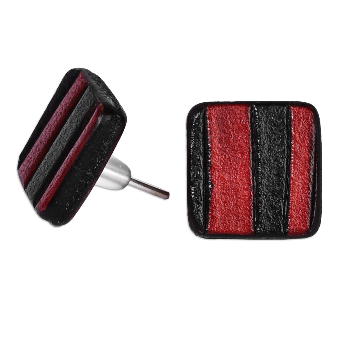 Minimalist Striped Black and Crimson Leather Button Earrings - Square Crimson