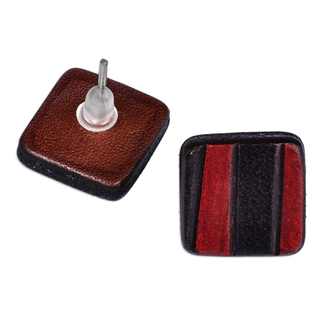 Minimalist Striped Black and Crimson Leather Button Earrings - Square Crimson