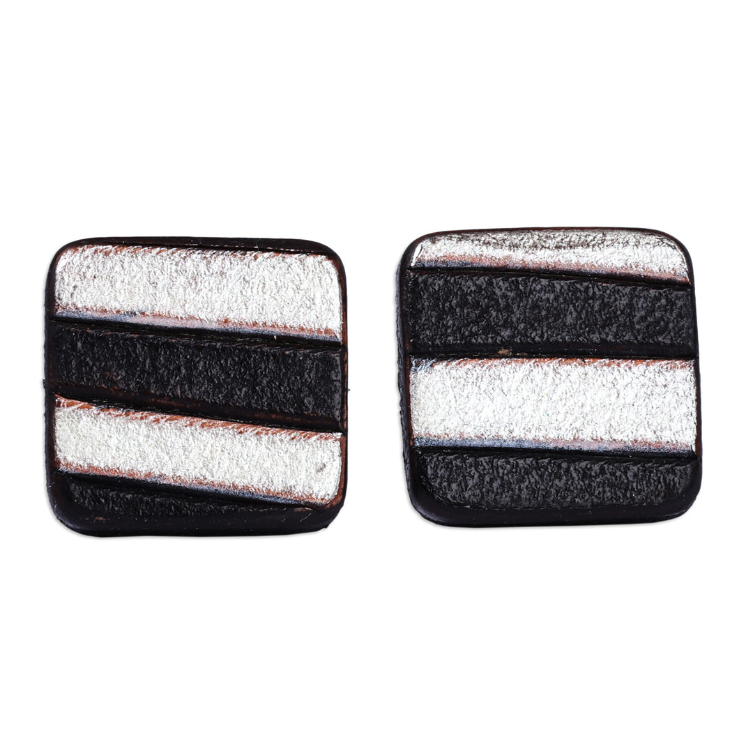 Avant-Garde Striped Black and Silver Leather Button Earrings - Square Silver