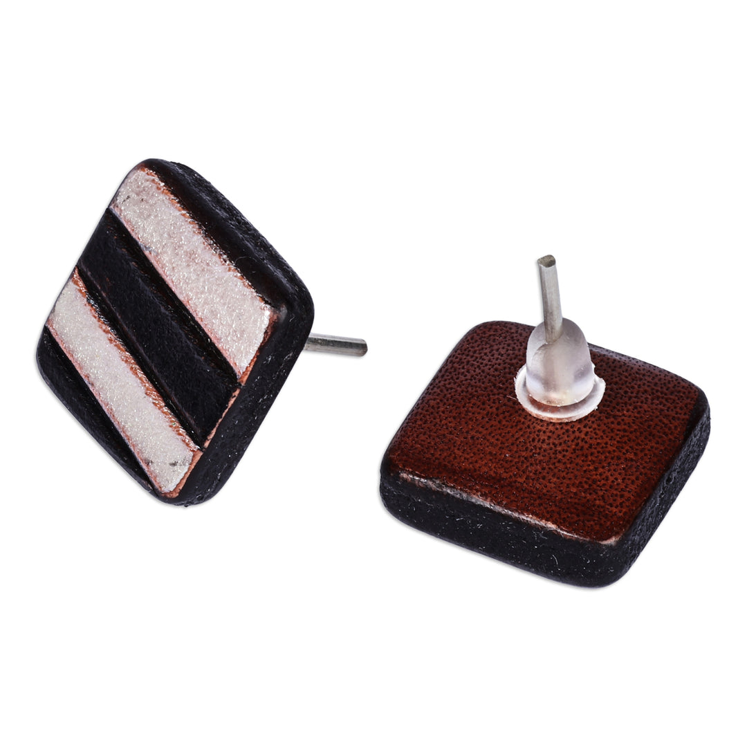 Avant-Garde Striped Black and Silver Leather Button Earrings - Square Silver