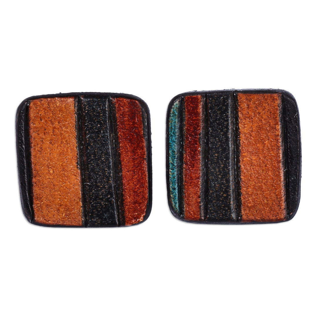 Modern Square Striped Multicolor Leather Button Earrings - Square Warmth
