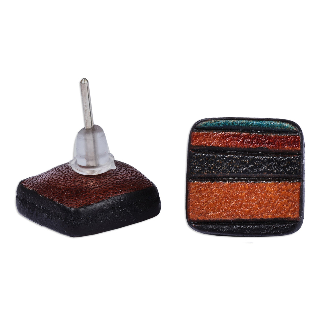 Modern Square Striped Multicolor Leather Button Earrings - Square Warmth