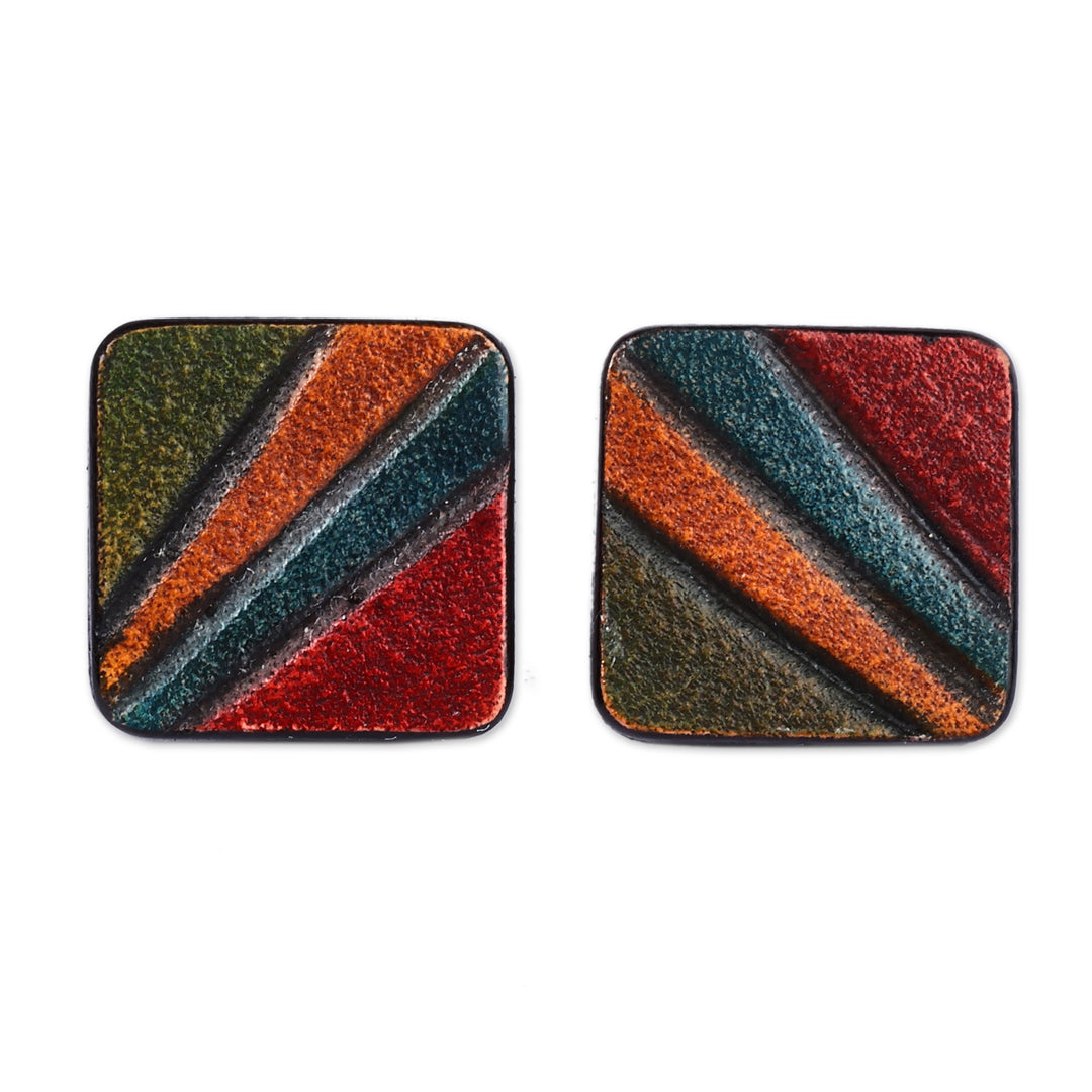 Classic Striped Multicolor Square Leather Button Earrings - Classic Rainbow