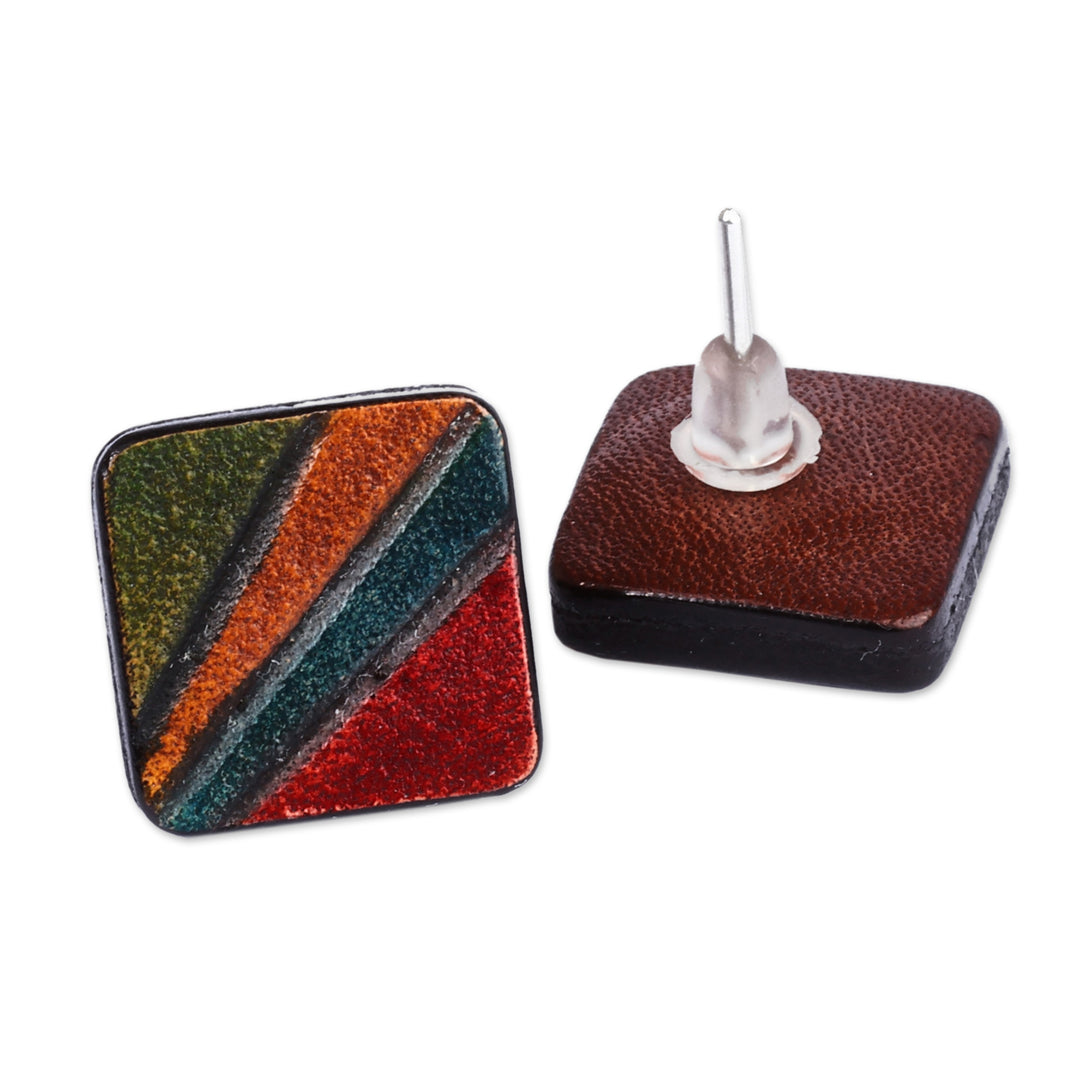 Classic Striped Multicolor Square Leather Button Earrings - Classic Rainbow