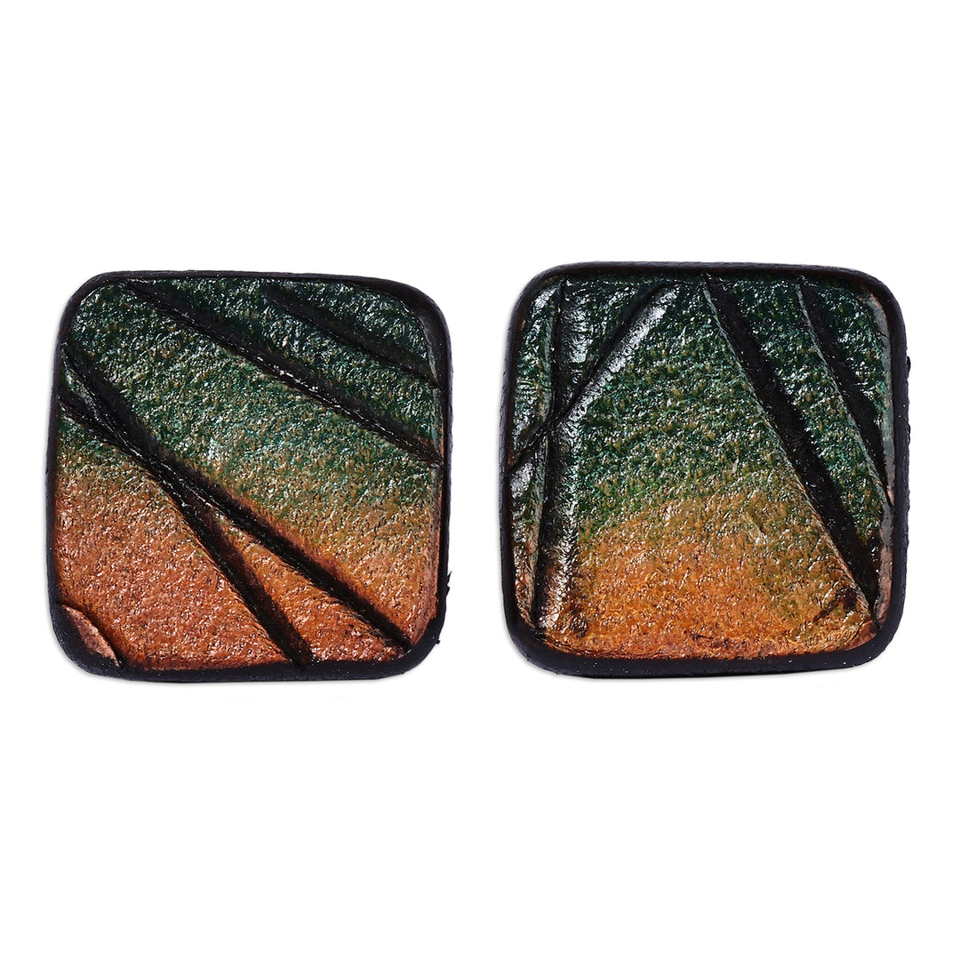 Minimalist Square Leather Button Earrings in Brown and Teal - Audacious Square