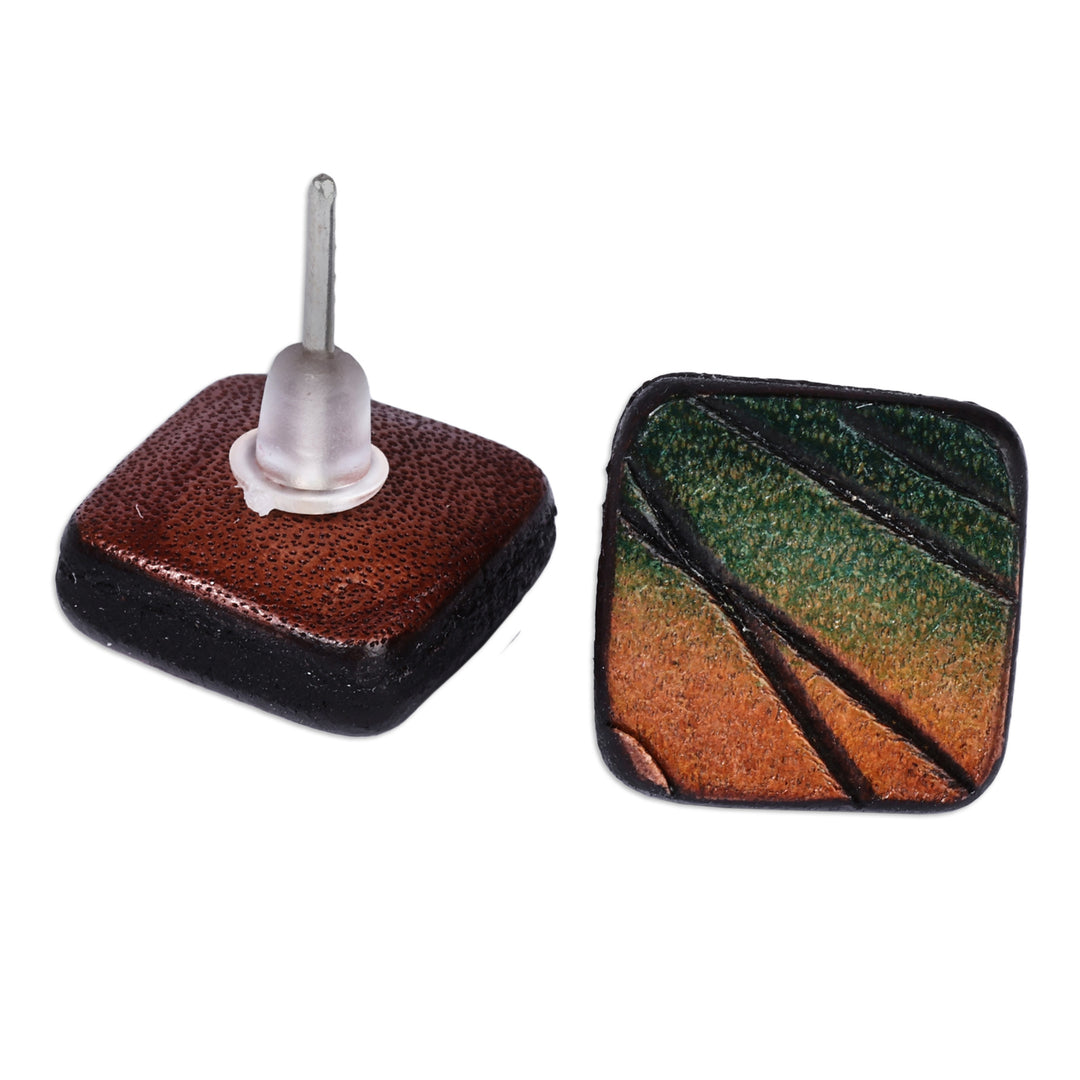 Minimalist Square Leather Button Earrings in Brown and Teal - Audacious Square