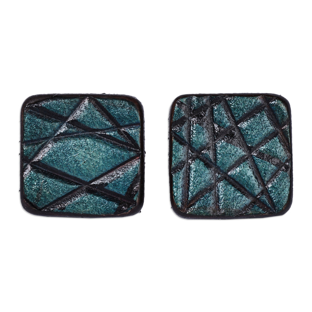 Handcrafted Modern Leather Button Earrings in Teal and Black - Teal Boldness