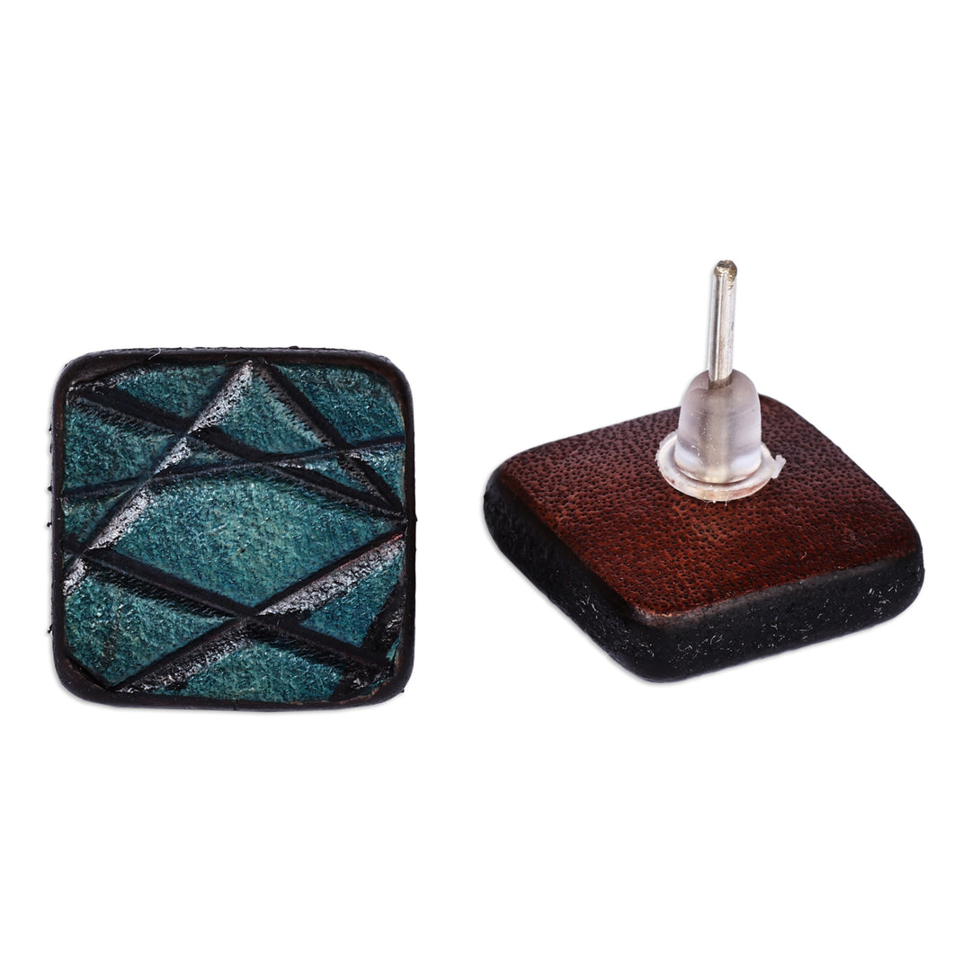 Handcrafted Modern Leather Button Earrings in Teal and Black - Teal Boldness