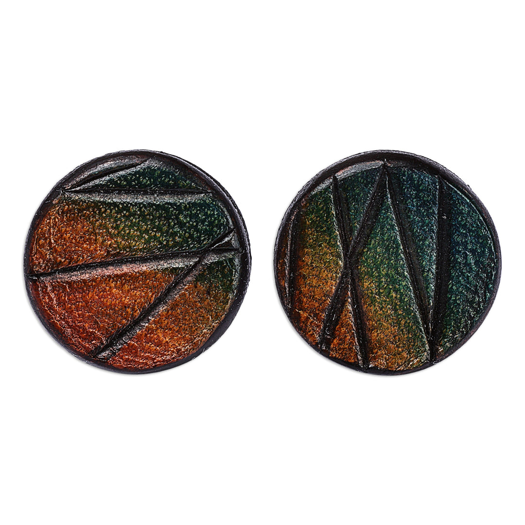 Modern Round Leather Button Earrings in Brown and Teal Hues - Audacious Circle