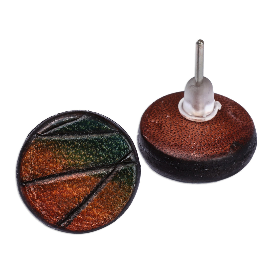 Modern Round Leather Button Earrings in Brown and Teal Hues - Audacious Circle