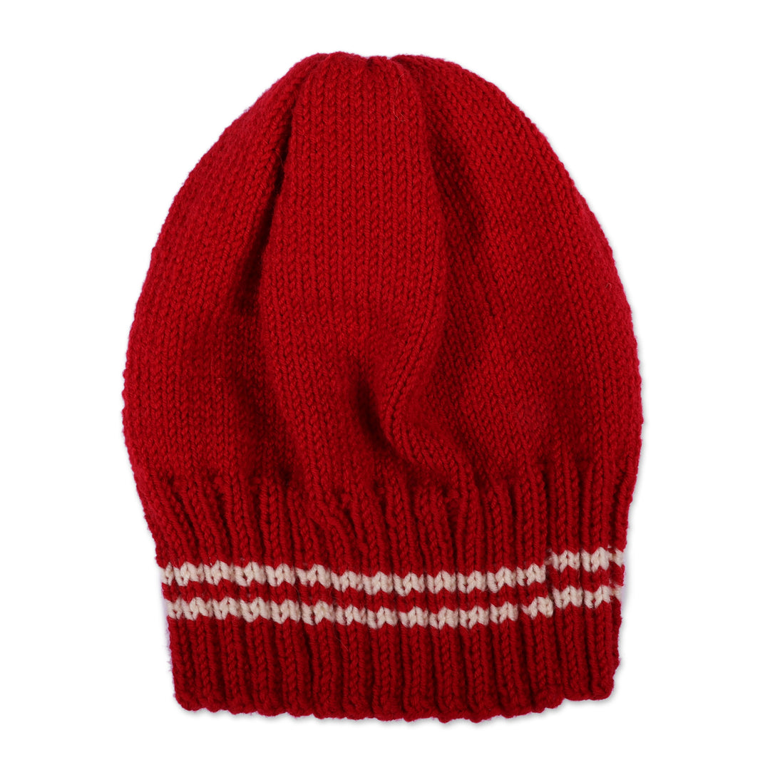 Artisan-Made Striped Red Acrylic and Wool Blend Knit Hat - Cozy Red
