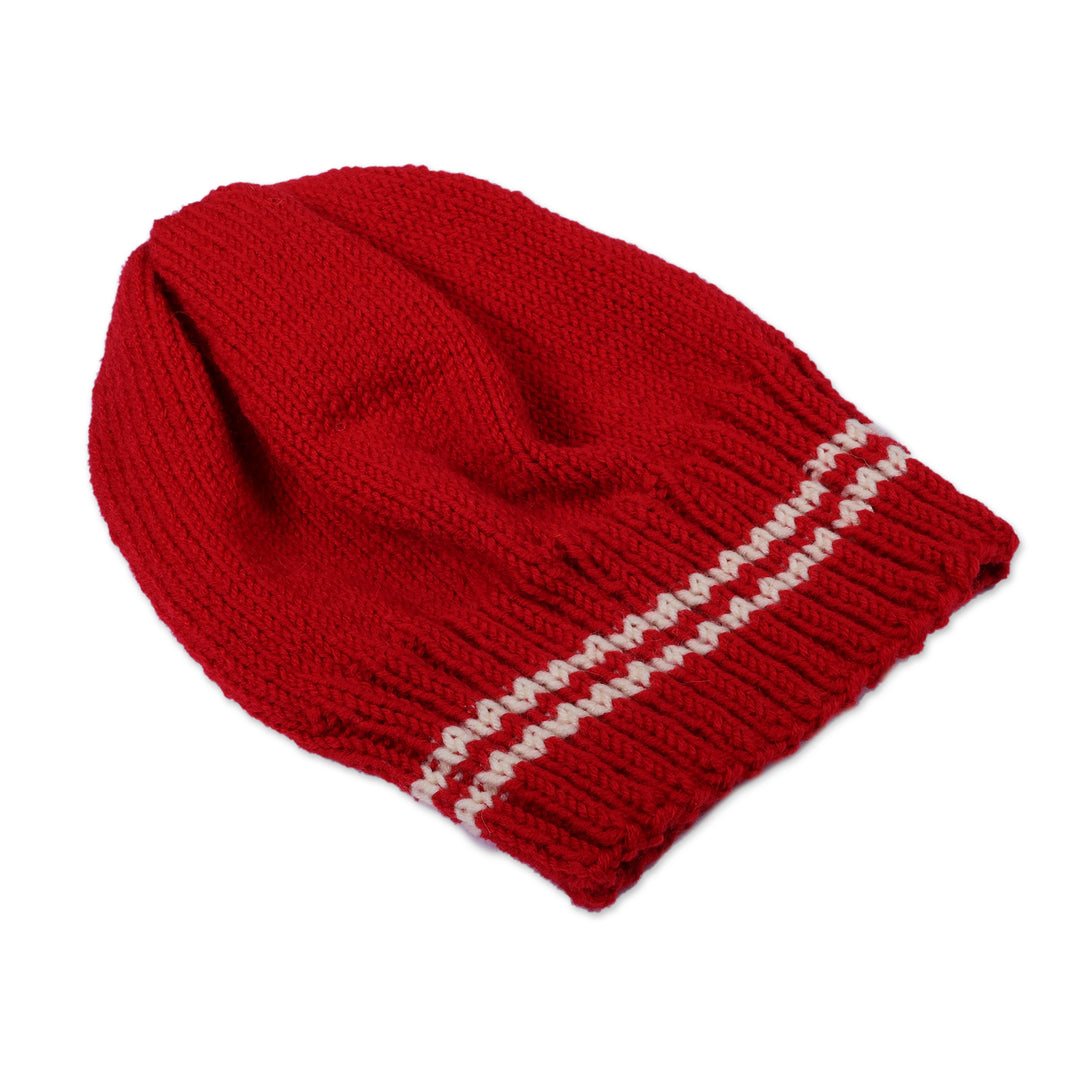 Artisan-Made Striped Red Acrylic and Wool Blend Knit Hat - Cozy Red