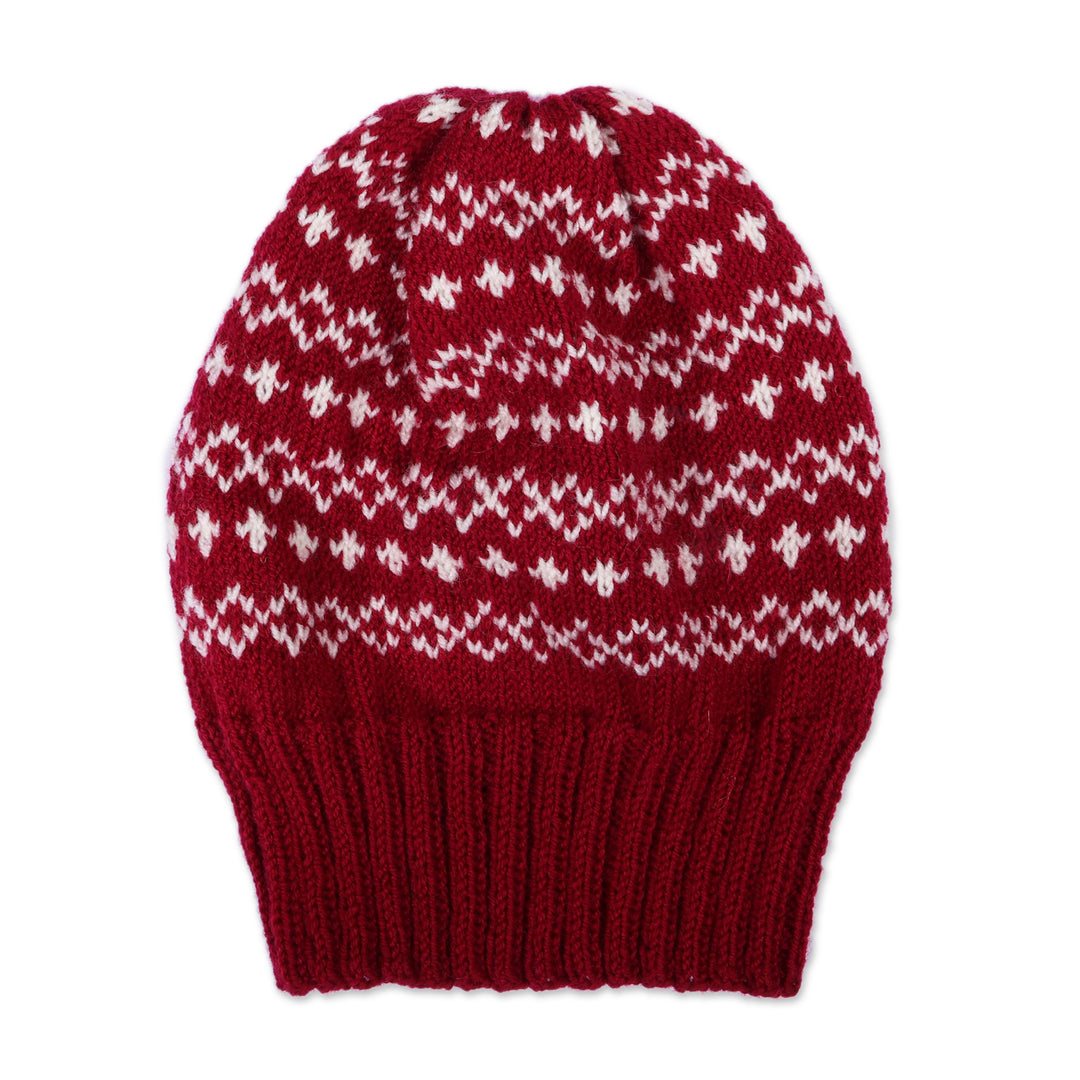 Snowflake-Patterned Burgundy Acrylic and Wool Blend Knit Hat - Bold Snowflakes