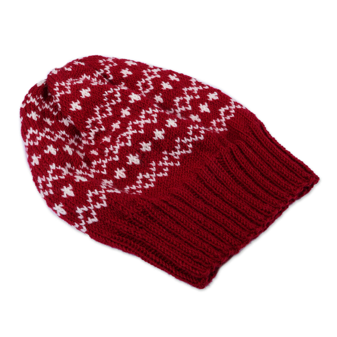 Snowflake-Patterned Burgundy Acrylic and Wool Blend Knit Hat - Bold Snowflakes