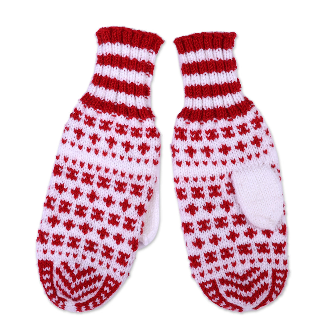 Handcrafted Wool Blend Knit Mittens in White and Red Hues - Winter Red