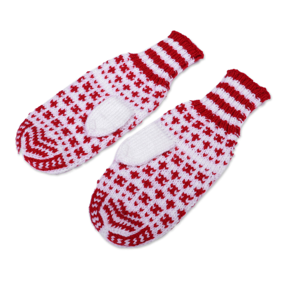 Handcrafted Wool Blend Knit Mittens in White and Red Hues - Winter Red