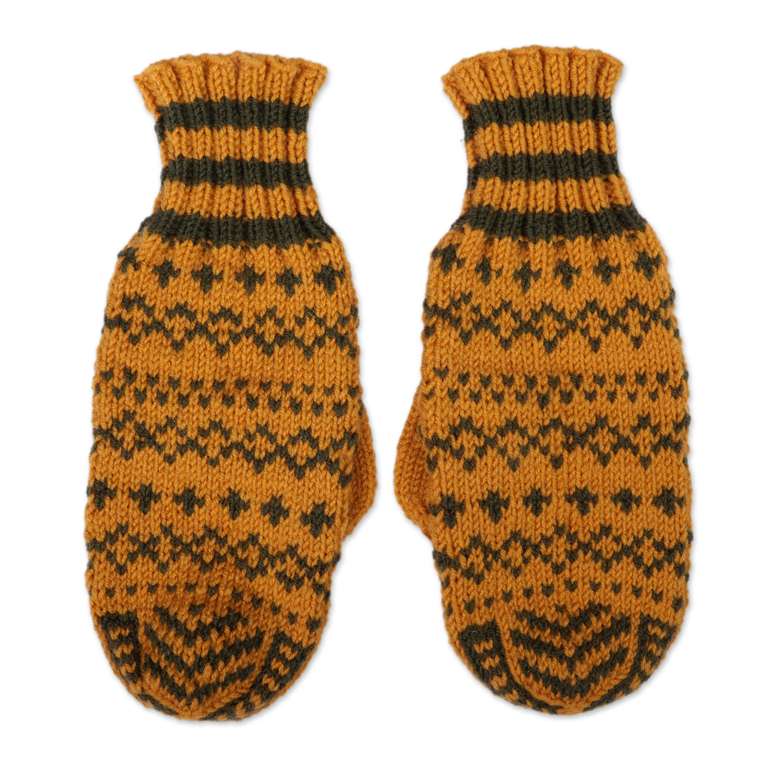 Armenian Marigold and Green Acrylic and Wool Knit Mittens - Marigold Winter