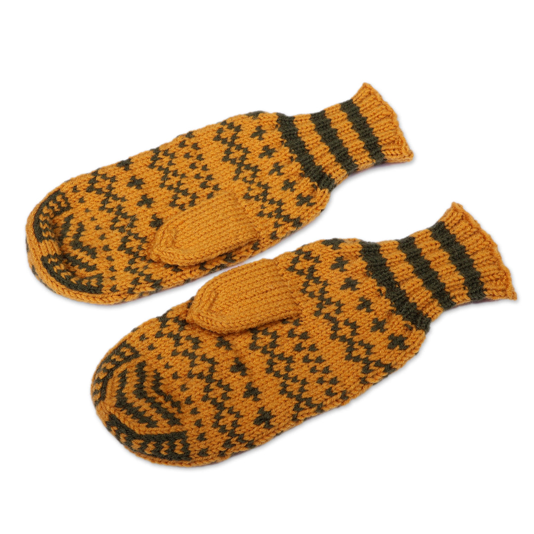 Armenian Marigold and Green Acrylic and Wool Knit Mittens - Marigold Winter