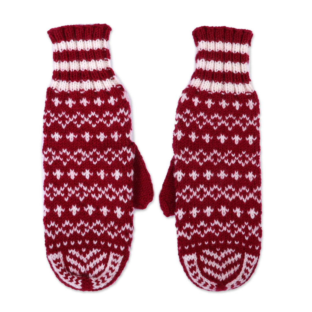 Snowflake-Themed Burgundy and White Wool Blend Knit Mittens - Bold Snowflakes