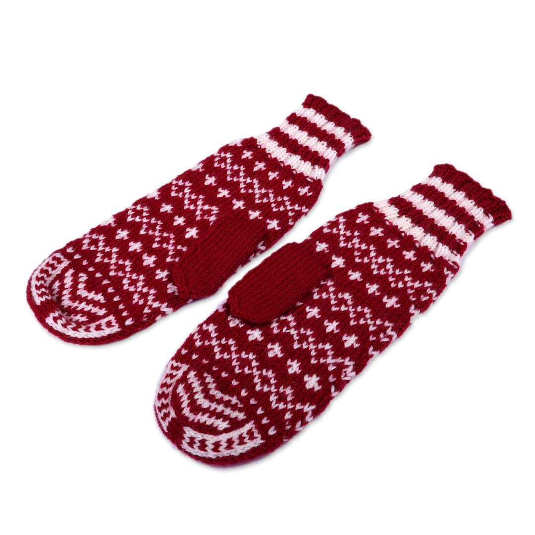 Snowflake-Themed Burgundy and White Wool Blend Knit Mittens - Bold Snowflakes