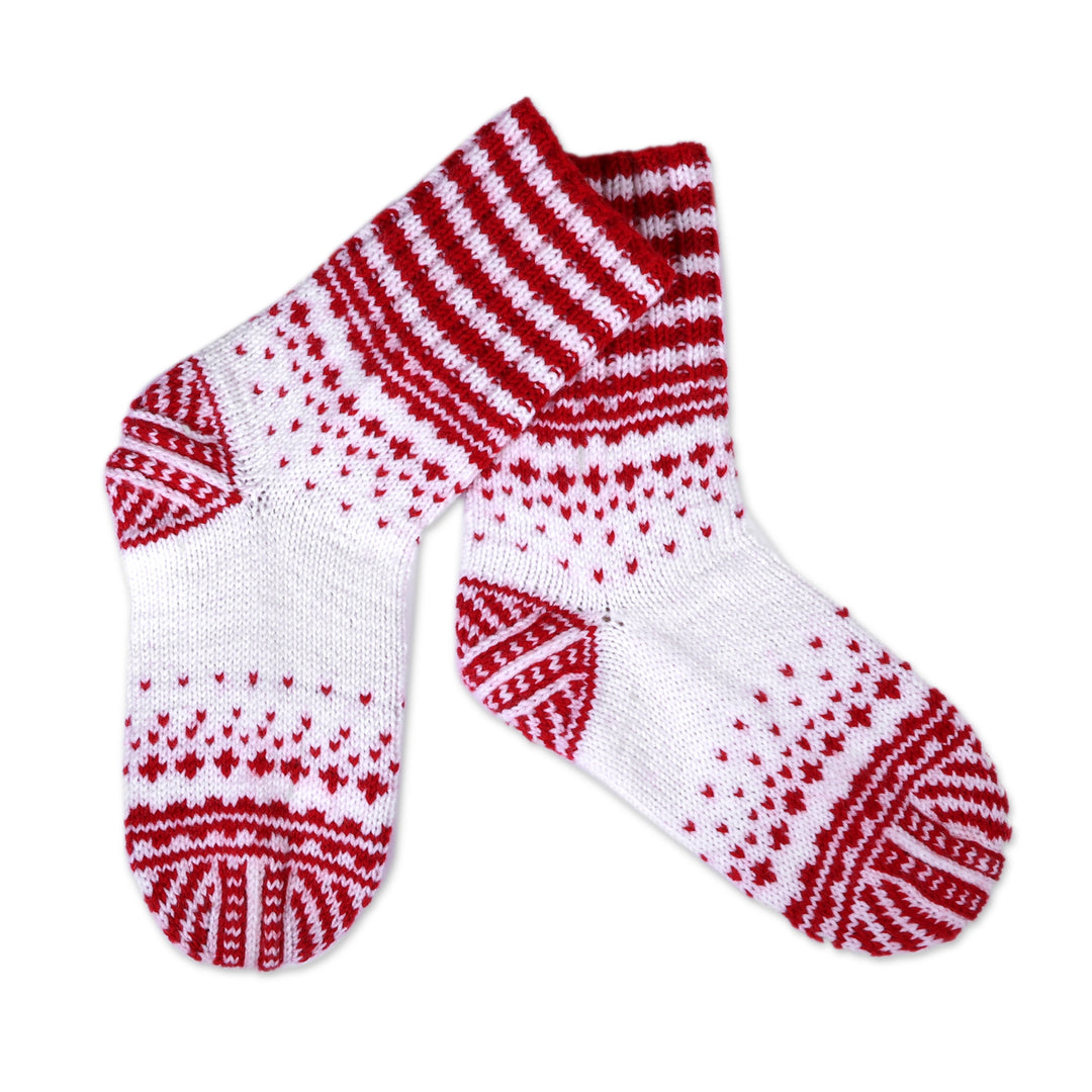 Handmade Wool Blend Knit Socks in White and Red Hues - Winter Red