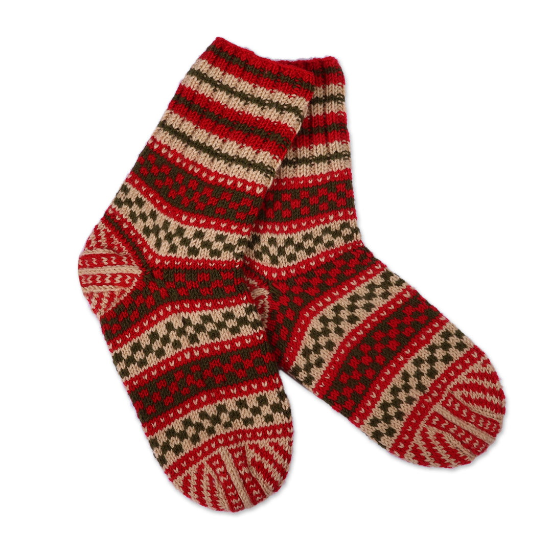 Classic Patterned Red and Green Acrylic and Wool Knit Socks - Cozy Steps
