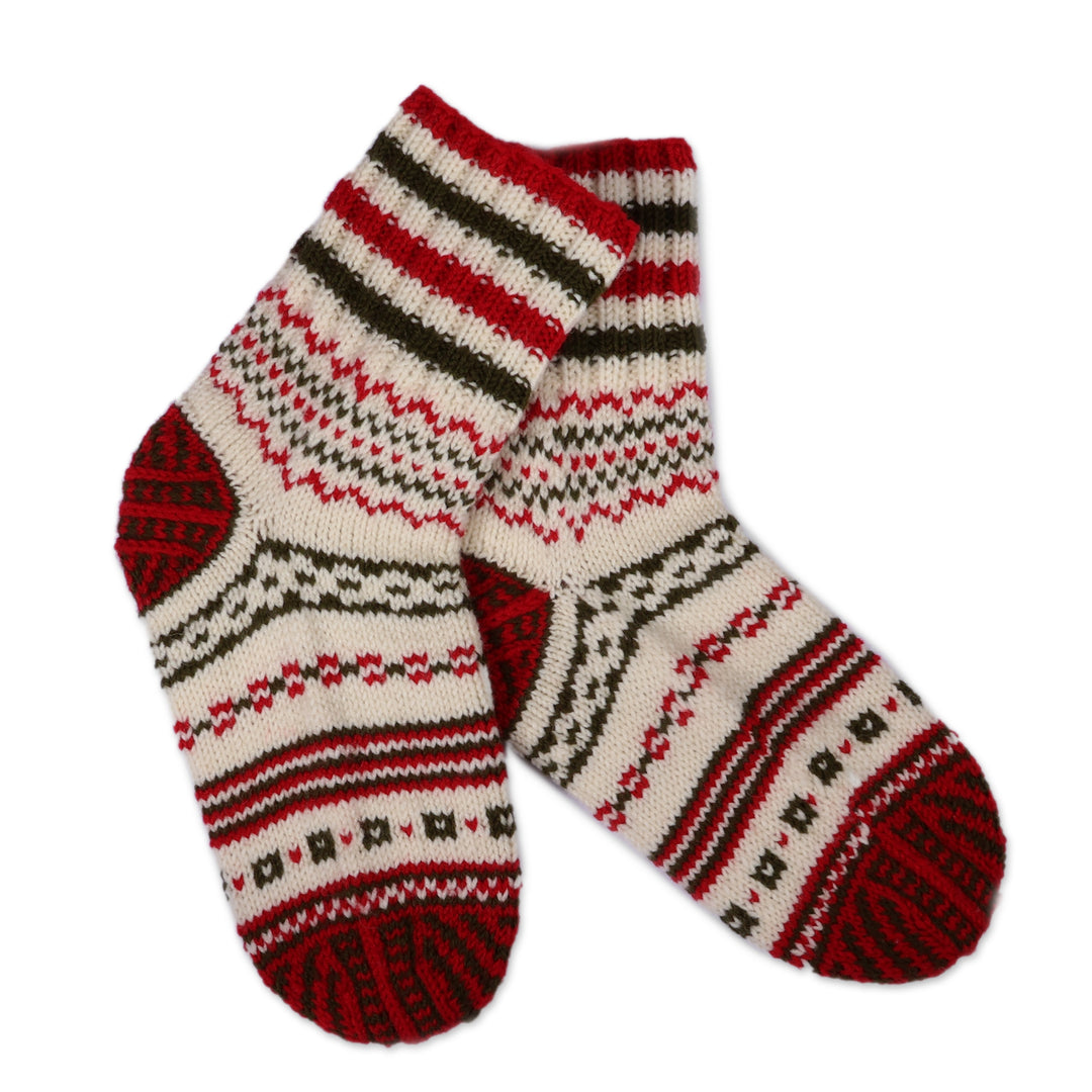 Red and White Acrylic and Wool Knit Socks Crafted in Armenia - Festive Walk