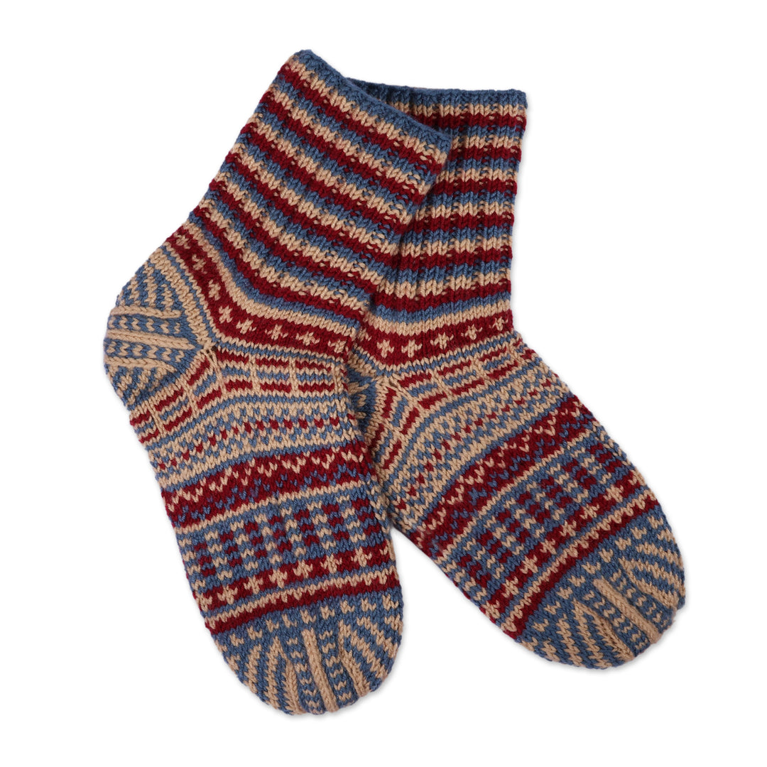 Armenian-Made Acrylic and Wool Knit Socks in Blue and Red - Winter Walk