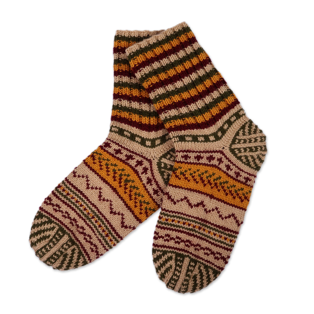 Yellow and Green Wool Blend Knit Socks Crafted in Armenia - Happy Walk