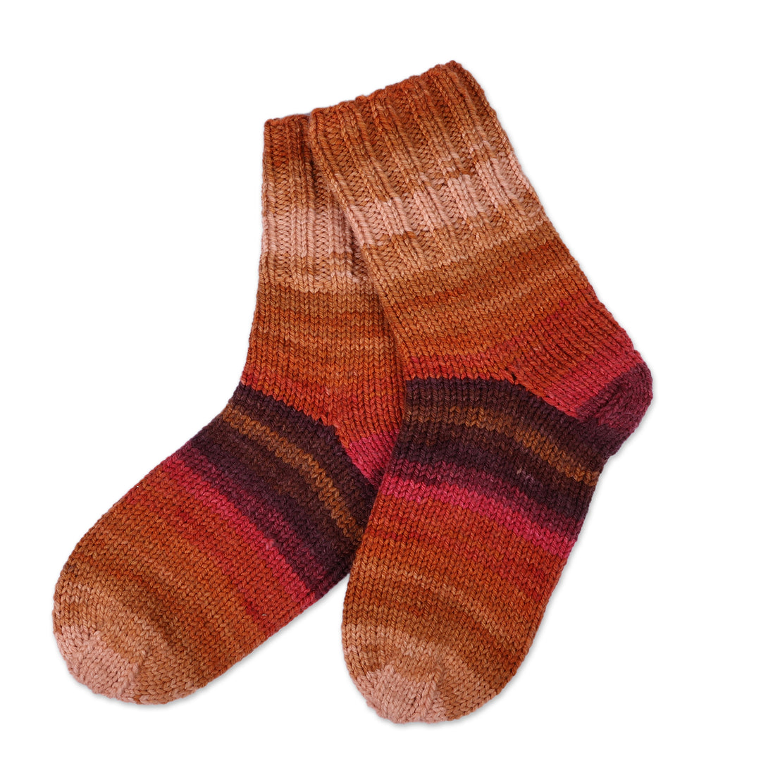 Handcrafted Brown and Purple Acrylic and Wool Knit Socks - Evening Vibes