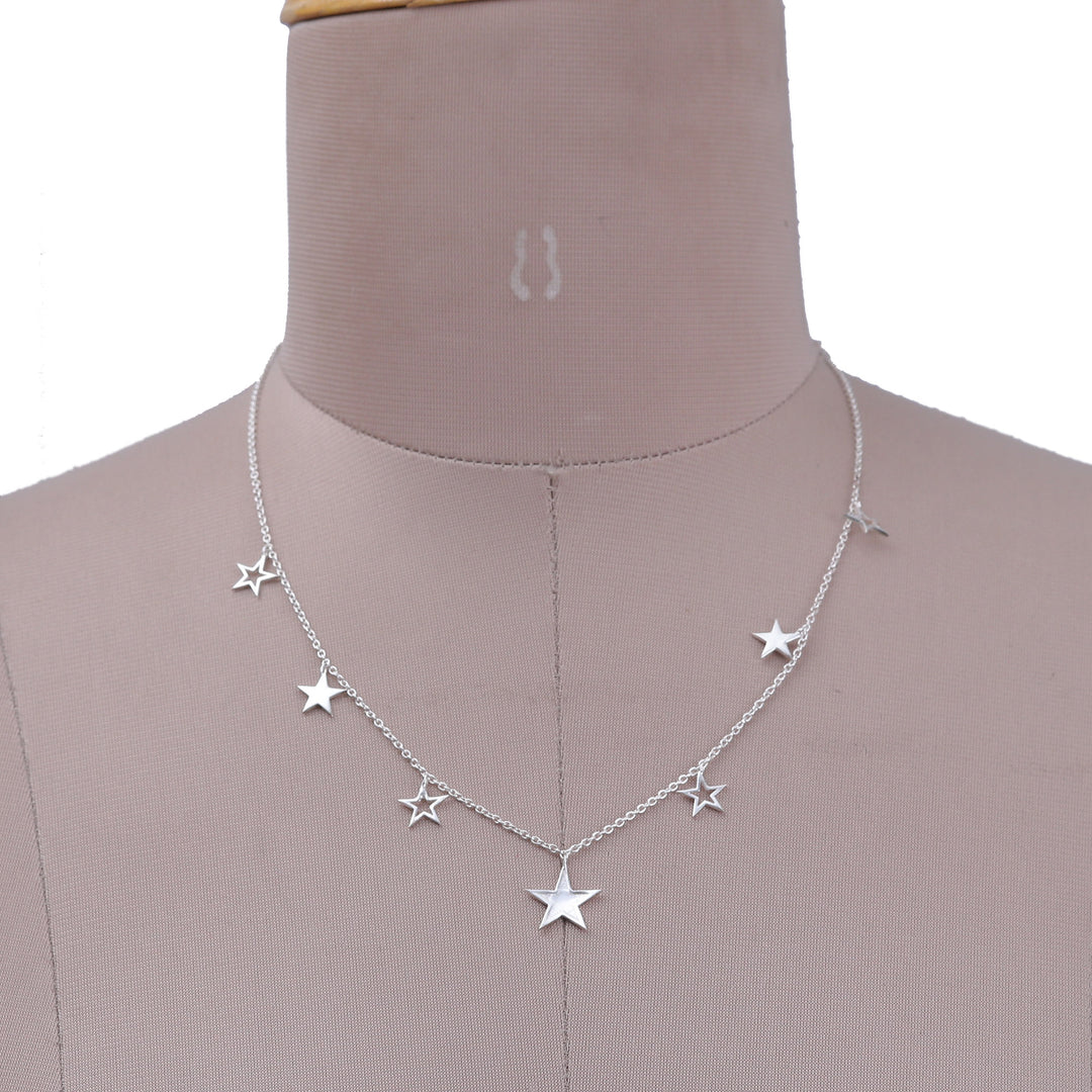 High-Polished Star-Themed Sterling Silver Charm Necklace - Starry Desires