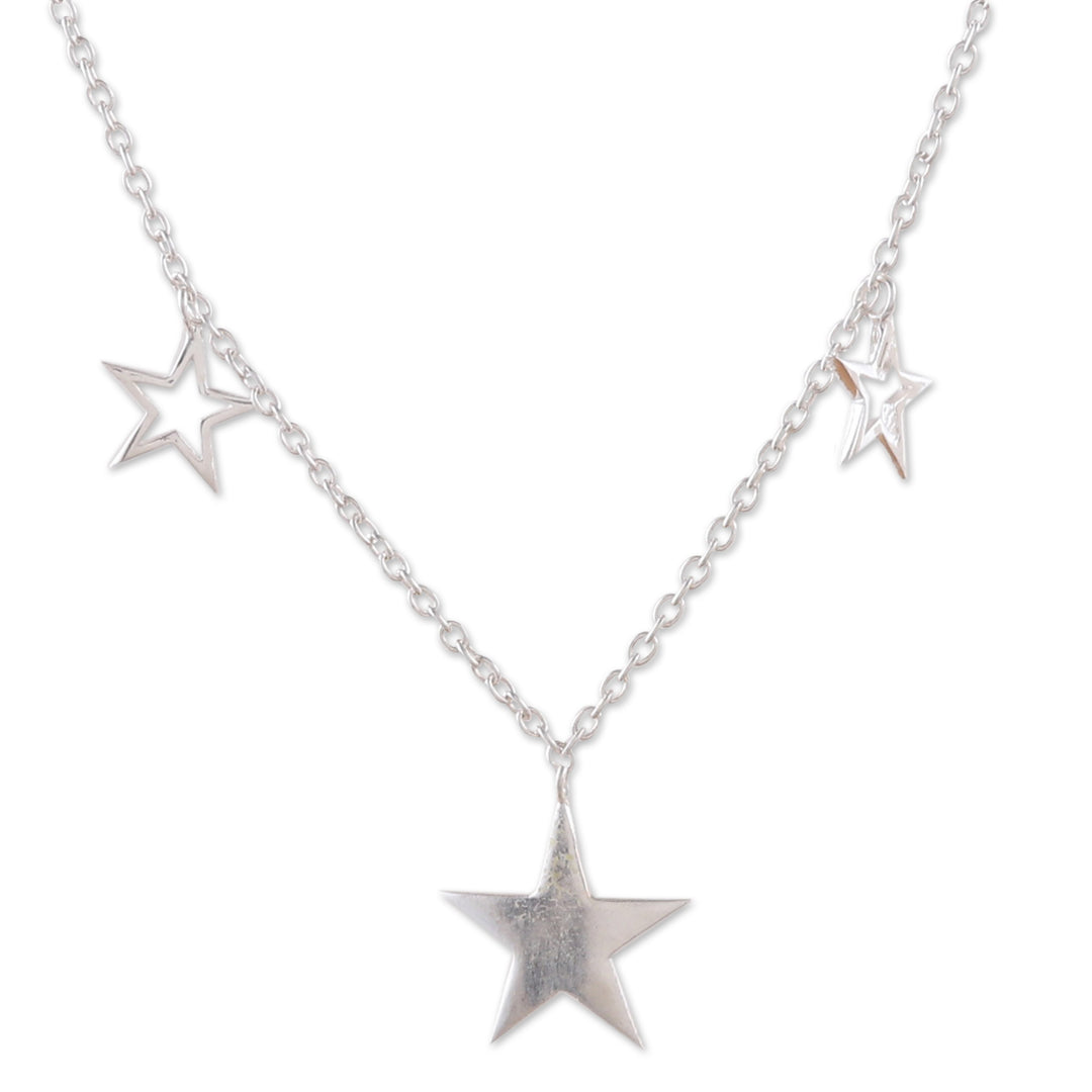 High-Polished Star-Themed Sterling Silver Charm Necklace - Starry Desires