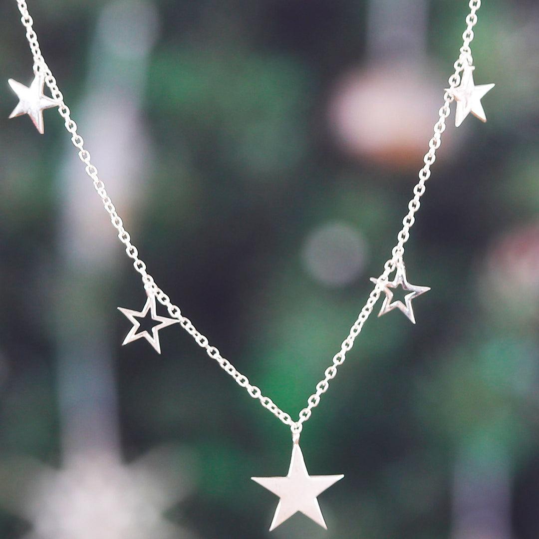 High-Polished Star-Themed Sterling Silver Charm Necklace - Starry Desires