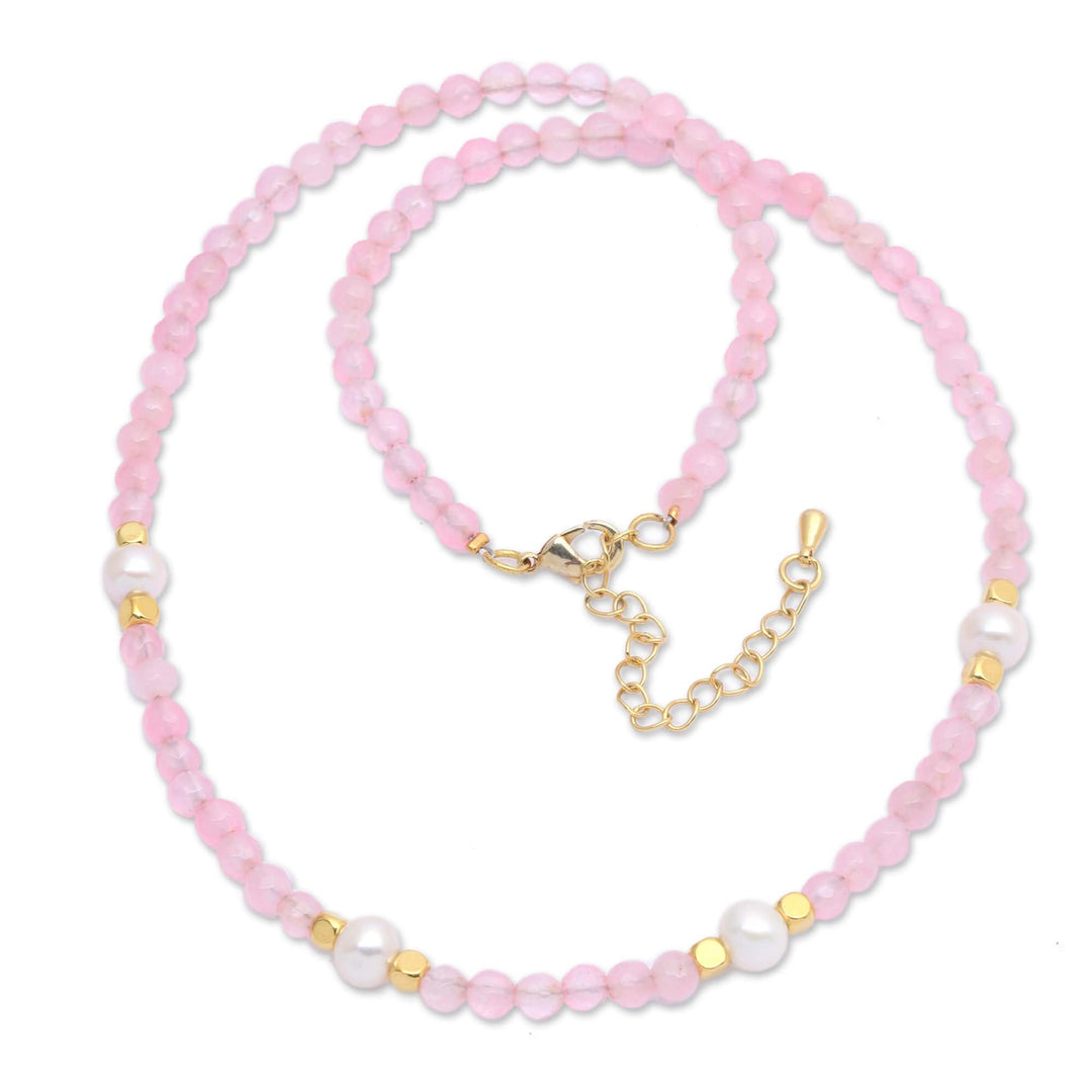 18k Gold-Accented Rose Quartz and Pearl Beaded Necklace - Pink Cocktail