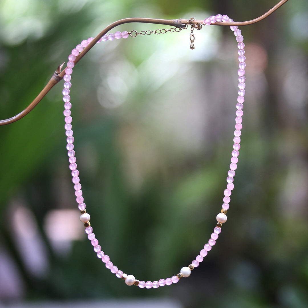 18k Gold-Accented Rose Quartz and Pearl Beaded Necklace - Pink Cocktail
