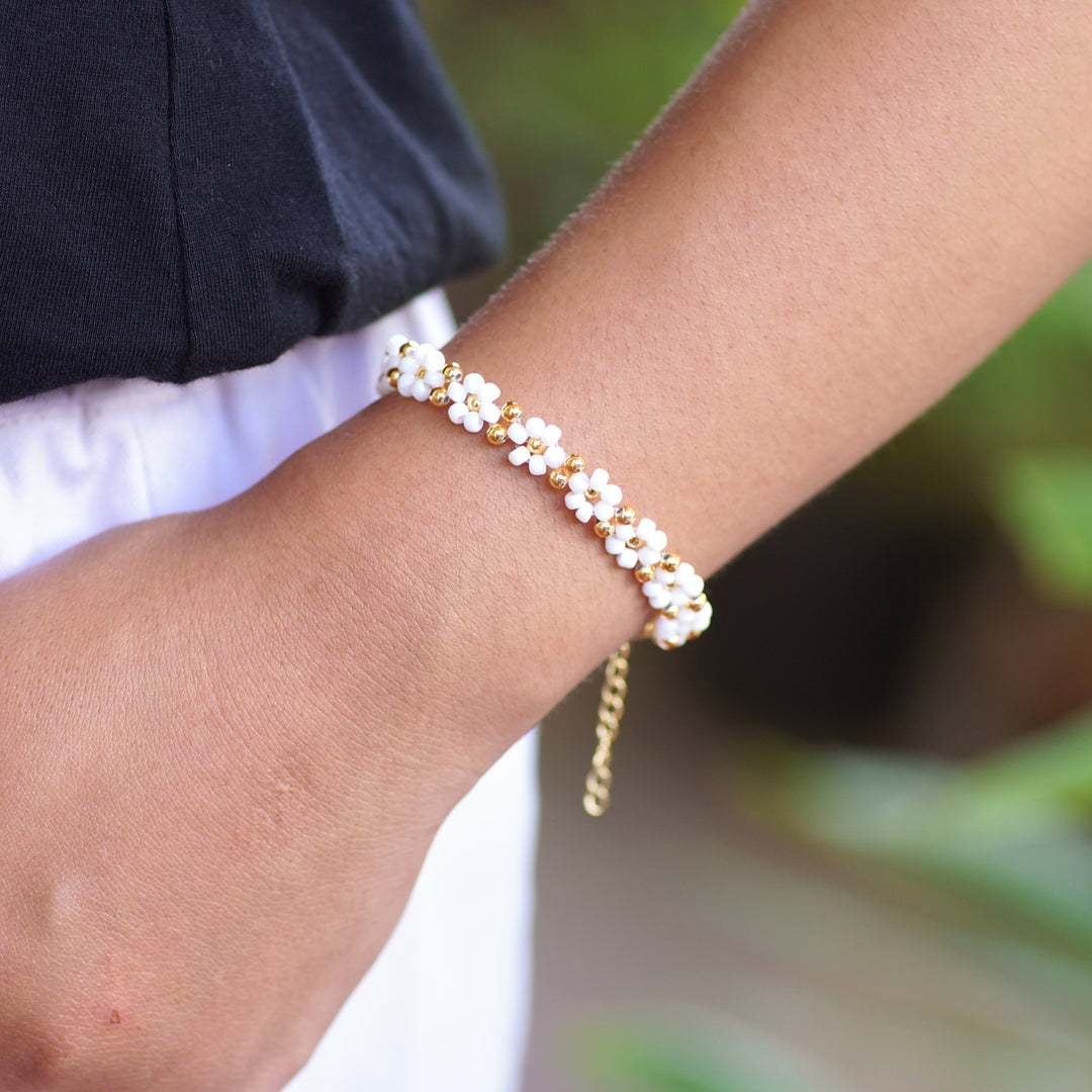 Gold-Accented Adjustable Floral Beaded Wristband Bracelet - Floral Radiance