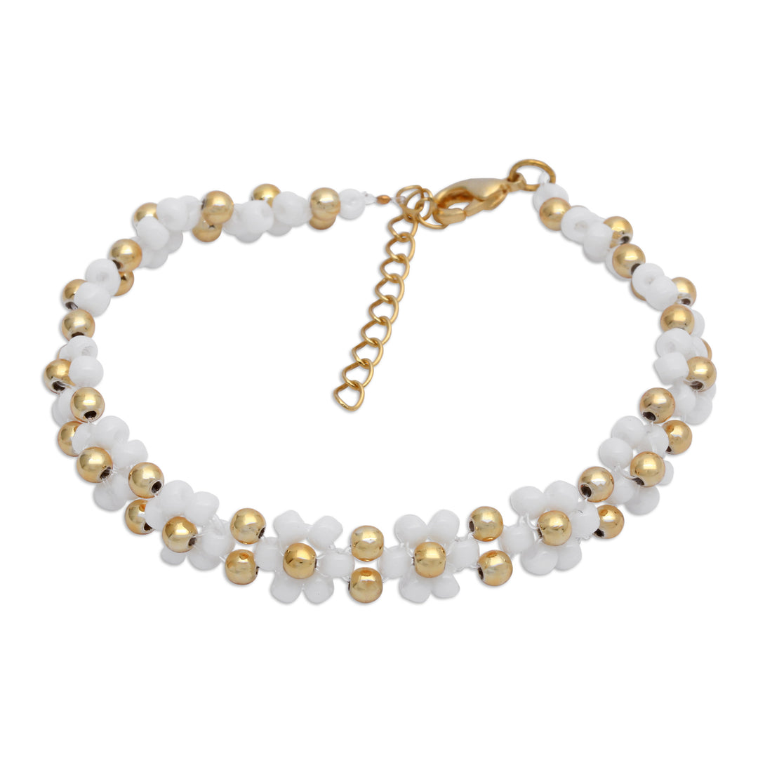 Gold-Accented Adjustable Floral Beaded Wristband Bracelet - Floral Radiance