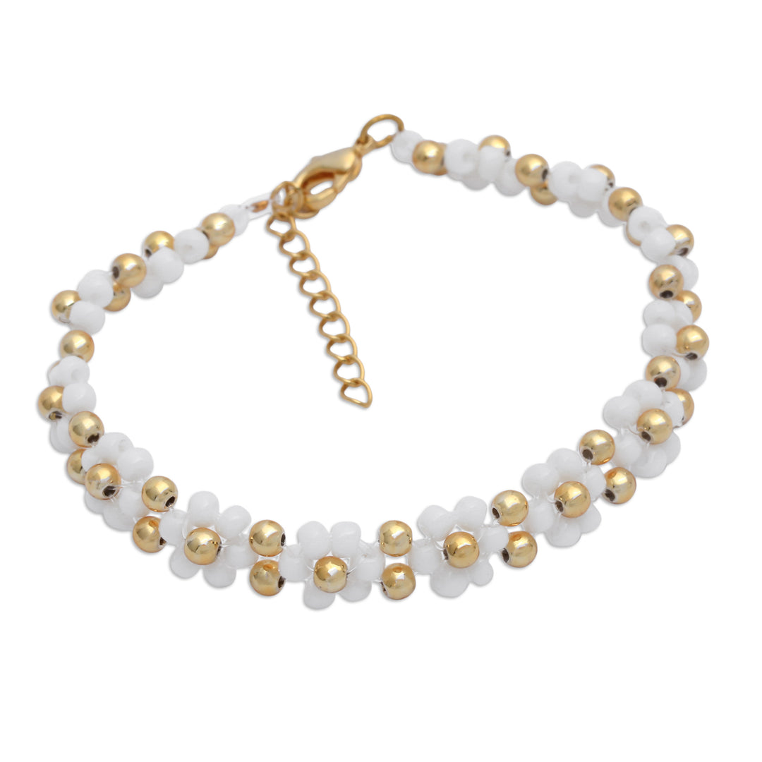 Gold-Accented Adjustable Floral Beaded Wristband Bracelet - Floral Radiance
