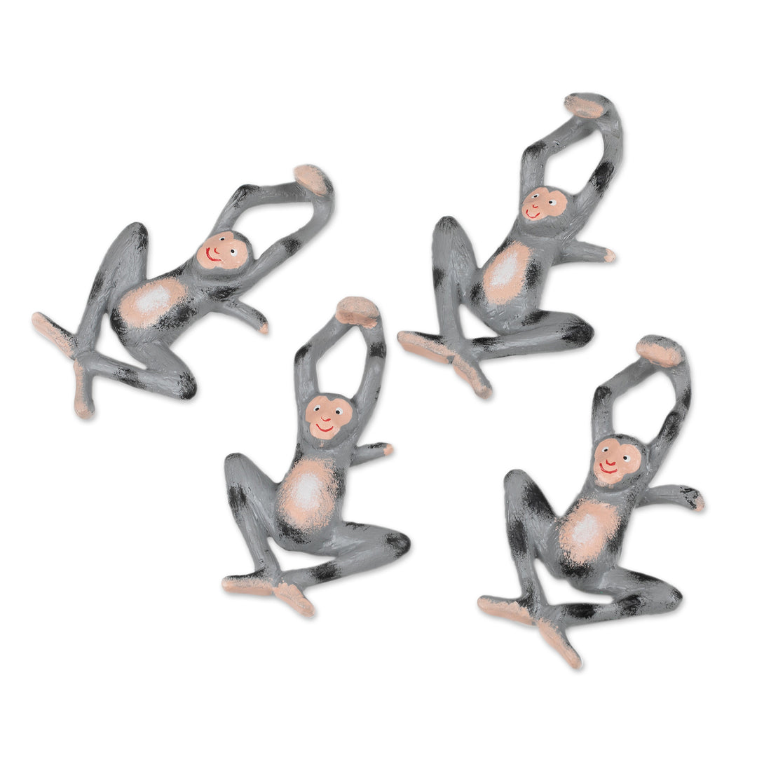 Set of 4 Hand-Painted Albesia Wood Monkey Ornaments - Playful Jungle