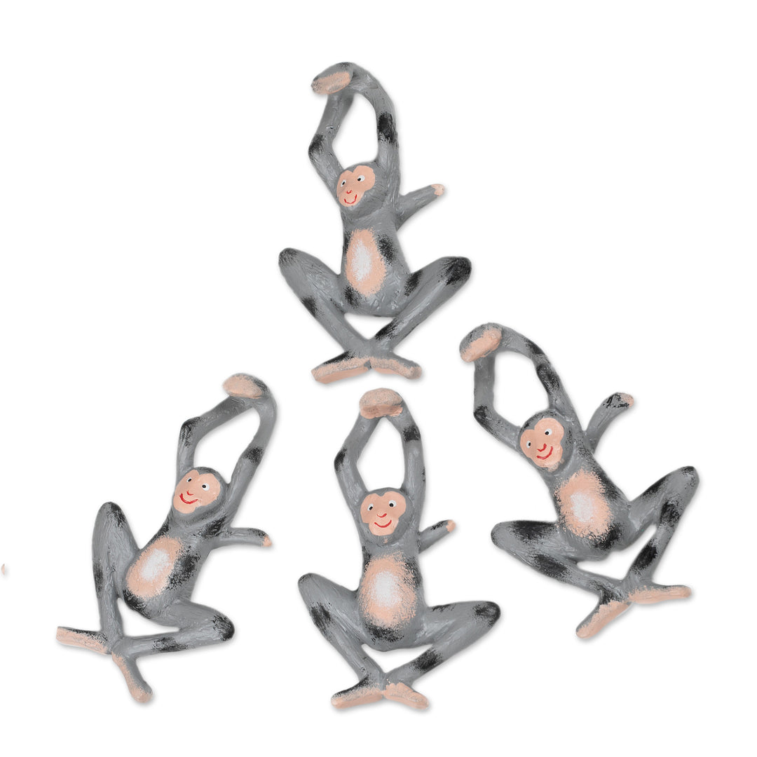 Set of 4 Hand-Painted Albesia Wood Monkey Ornaments - Playful Jungle
