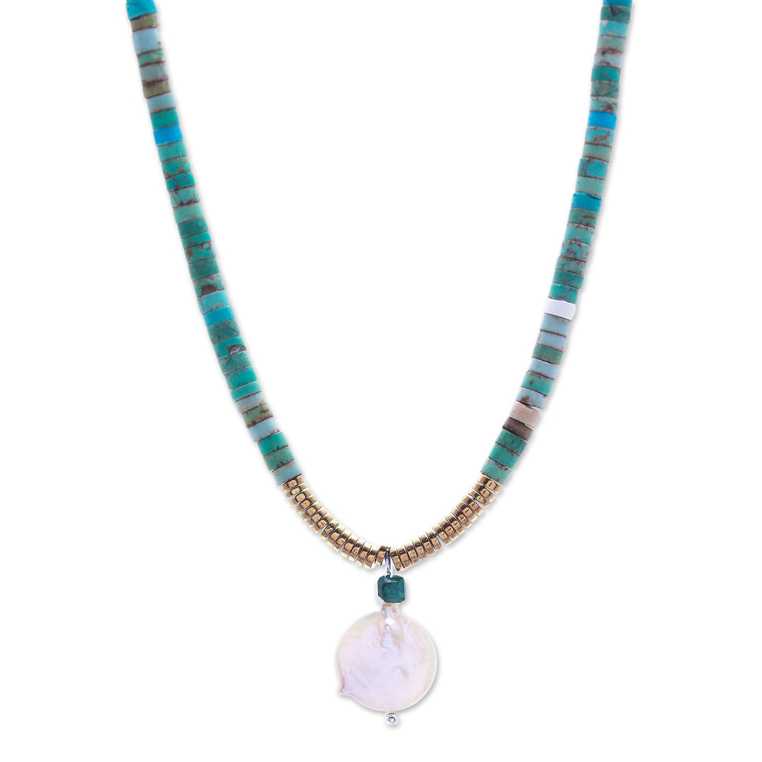 Recon Turquoise and Hematite Necklace with Pearl Pendant - Lagoon Moon