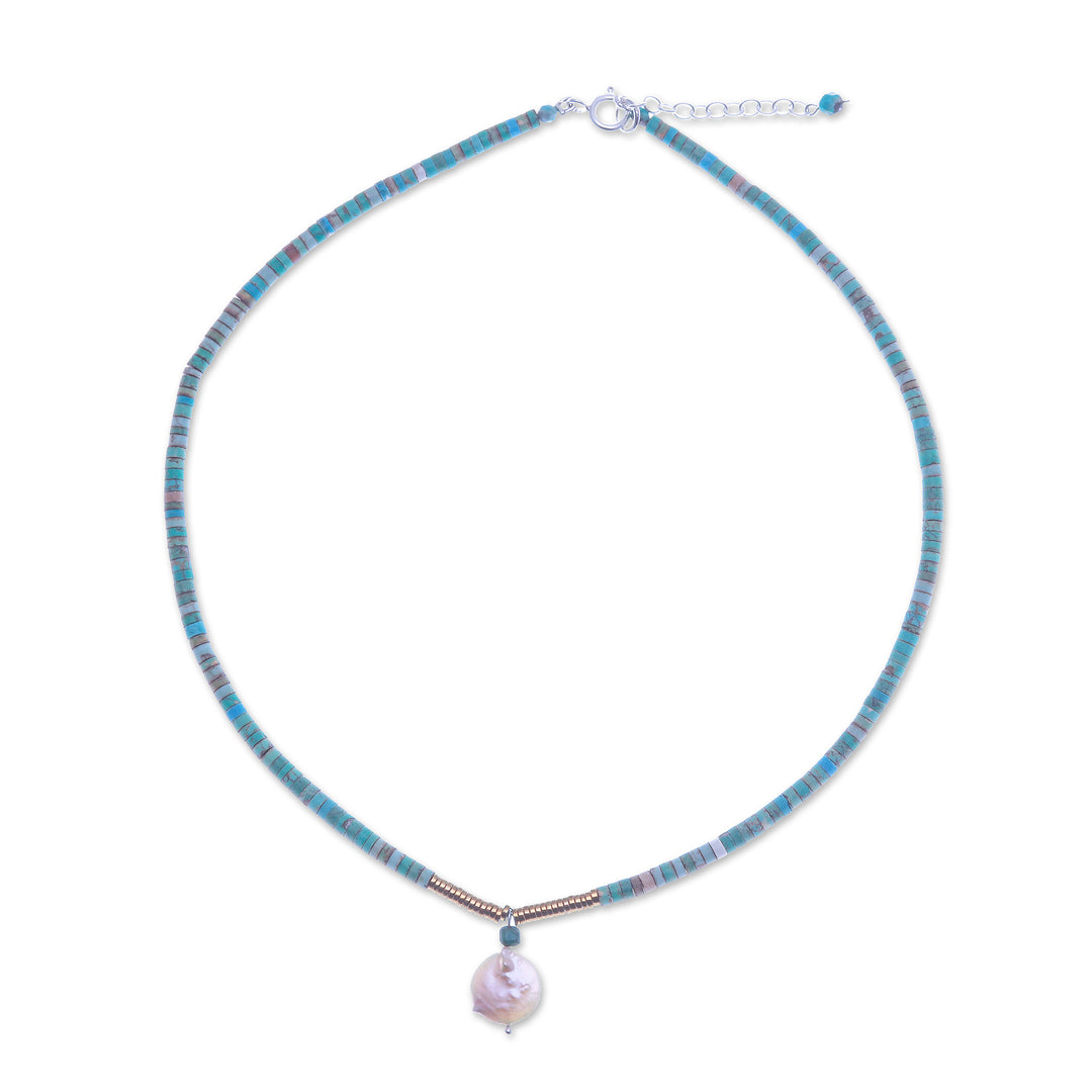 Recon Turquoise and Hematite Necklace with Pearl Pendant - Lagoon Moon