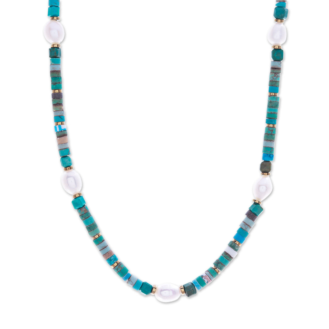 Hematite and Recon Turquoise Necklace with White Pearls - Jewels of the Sea