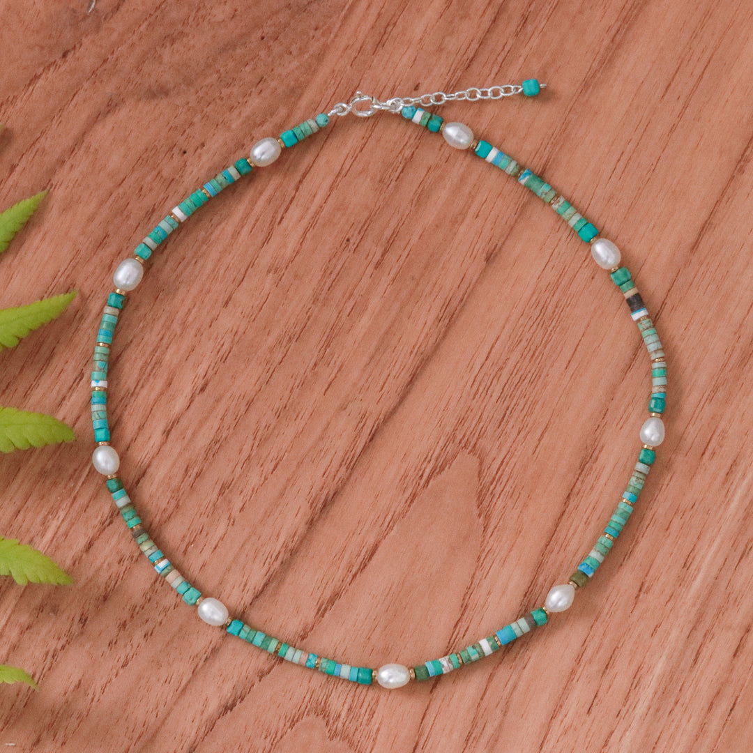Hematite and Recon Turquoise Necklace with White Pearls - Jewels of the Sea