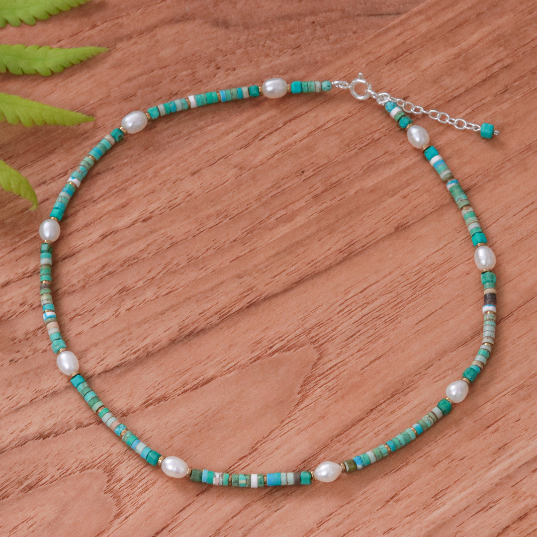 Hematite and Recon Turquoise Necklace with White Pearls - Jewels of the Sea