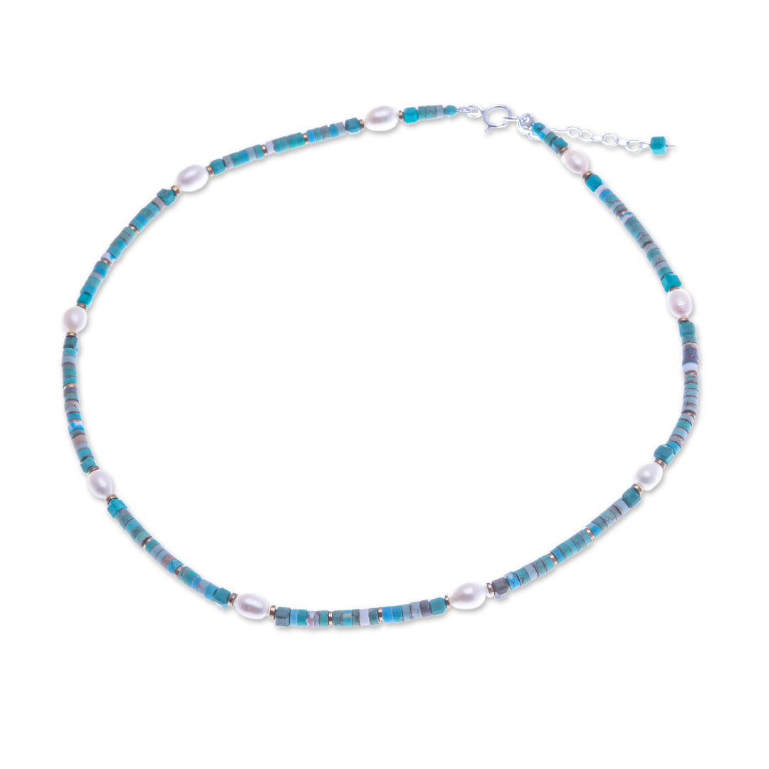 Hematite and Recon Turquoise Necklace with White Pearls - Jewels of the Sea