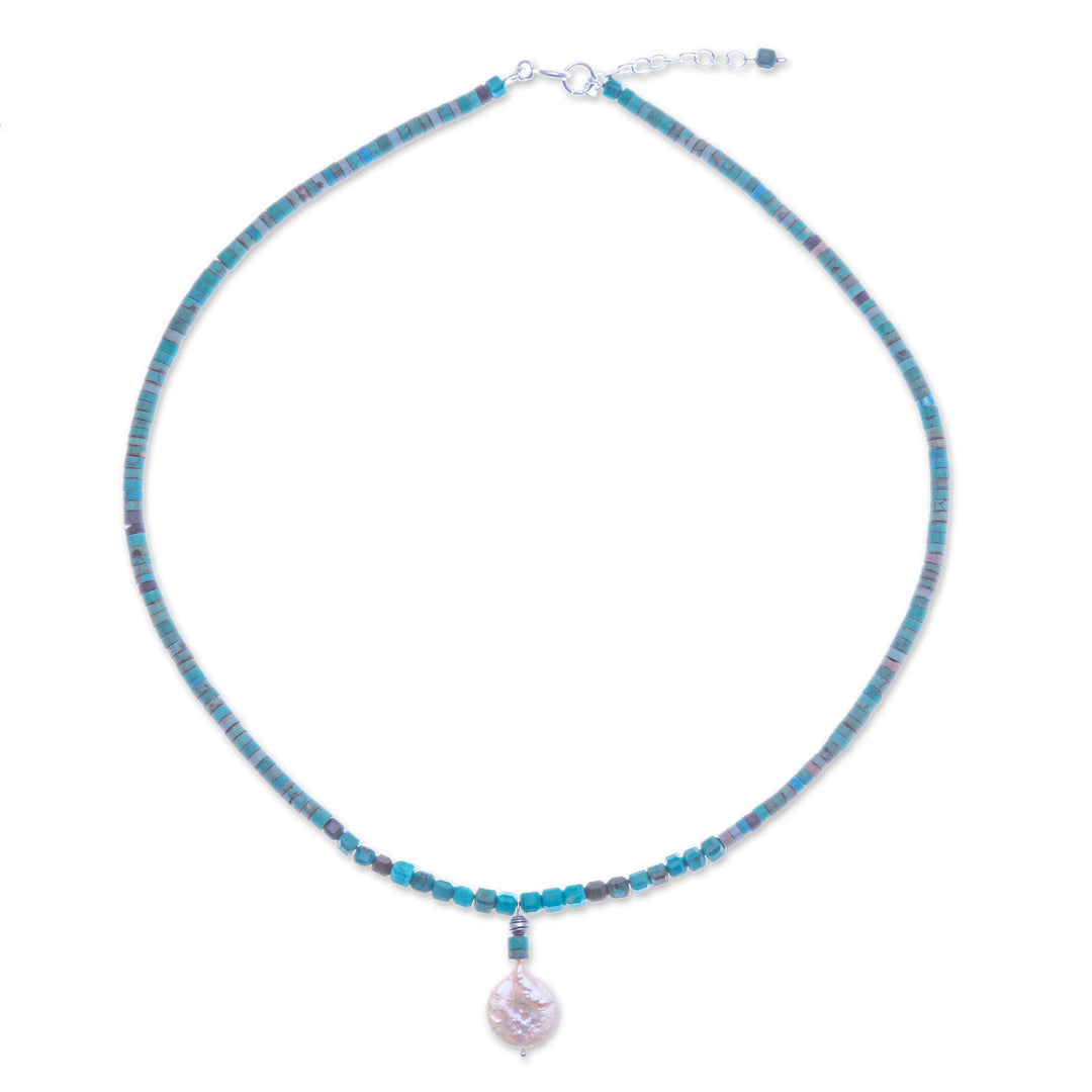Reconstituted Turquoise Beaded Necklace with Pearl Pendant - Aquatic Moon